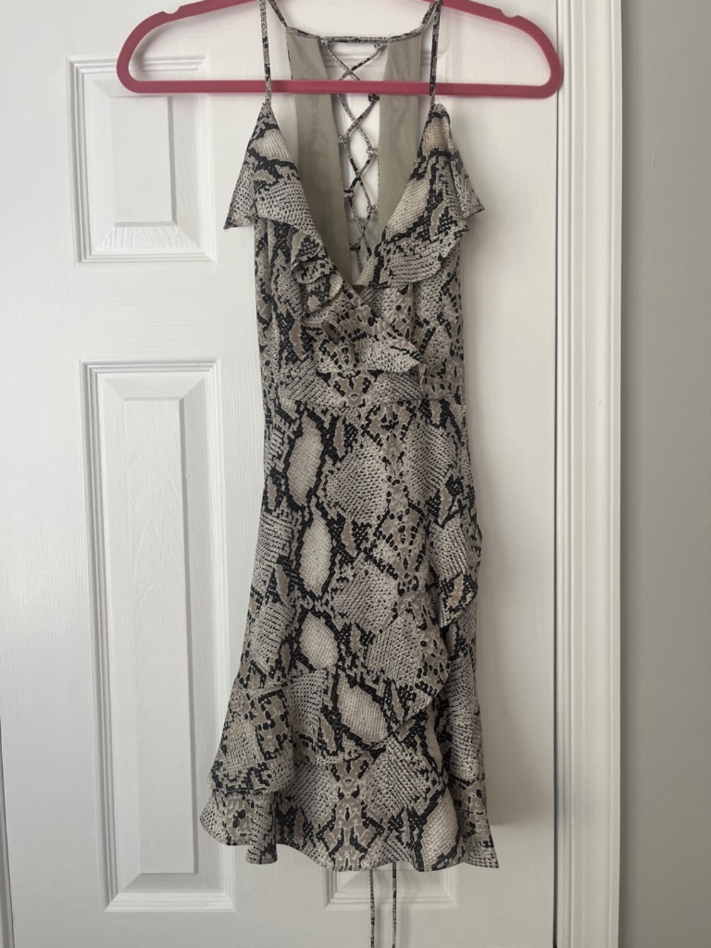 Snake Print Mini Dress with Lace-Up Back - Beige/Black